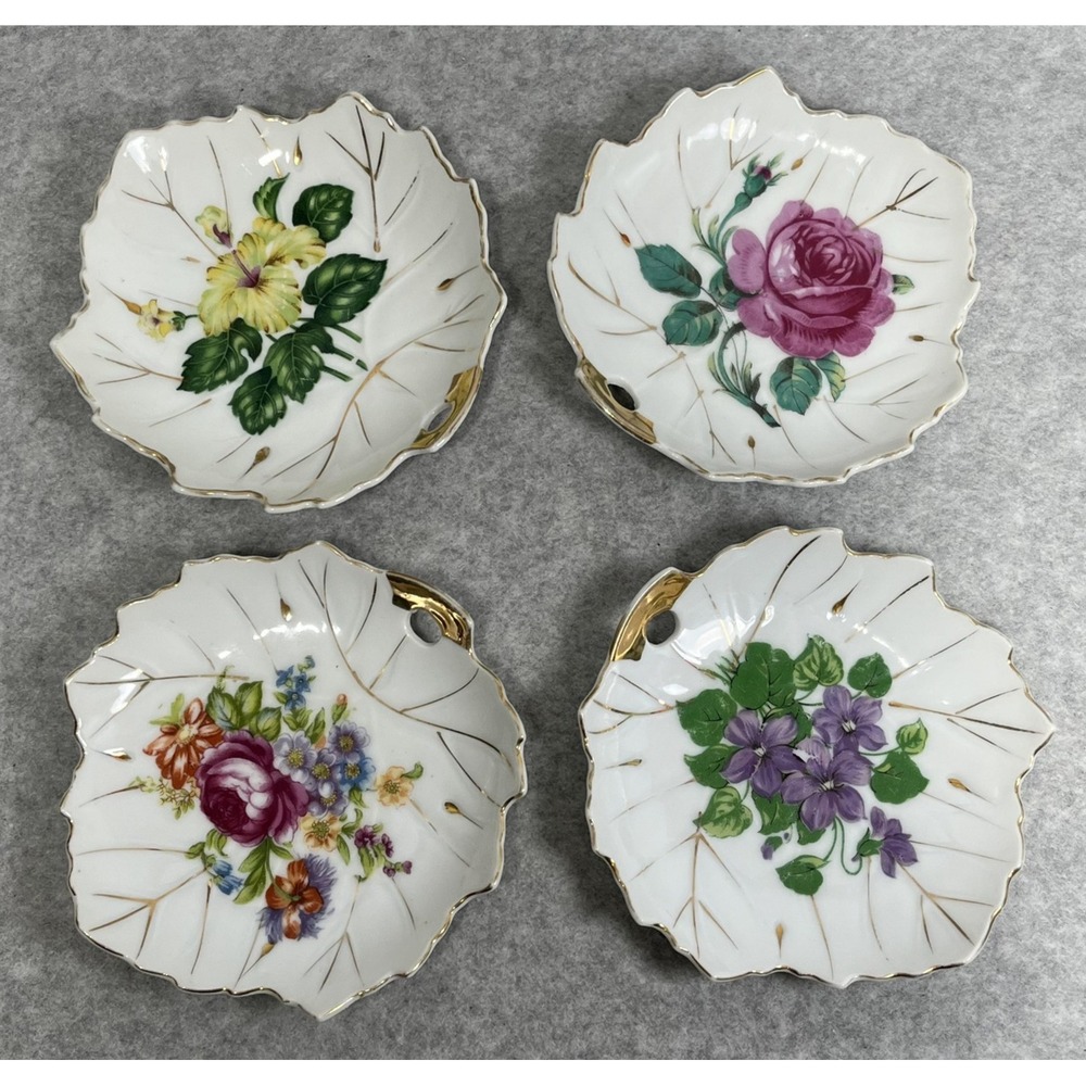 Vintage Nasco Japan Leaf Shape Porcelain Trinket Dishes Set 4 Gold Trim‎ Floral